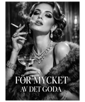Svartvitt fotografi av en glamorös kvinna som håller i en cigarett och ett cocktailglas med gnistrande smycken.