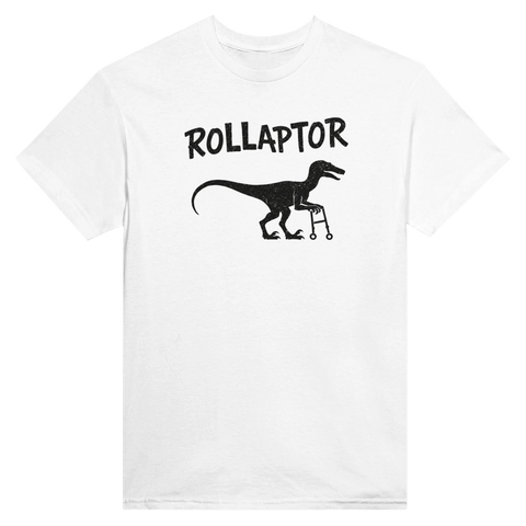 Rollaptor-motiv med dinosaurie med rullator och texten "ROLLAPTOR" på vit t-shirt.