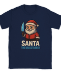 Jul t-shirt i marinblå med tecknad tomte som håller kniv och ler hotfullt