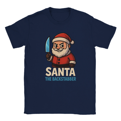 Jul t-shirt i marinblå med tecknad tomte som håller kniv och ler hotfullt