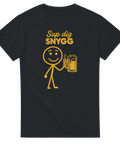 Svart t-shirt med humoristisk streckgubbe som skålar med en öl