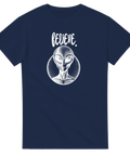 Marinblå t-shirt med ett detaljerat rymdmotiv av en alien i retrostil
