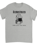 Ölmustasch För Att Jag Kan" t-shirt, grå med svart retro cartoon man drickandes öl.