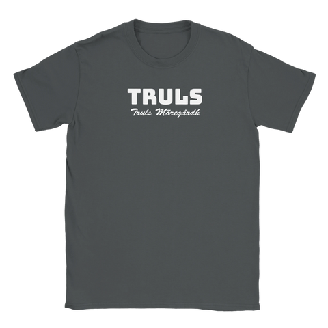 TRULS Truls Möregårdh" text i vitt på mörkgrå t-shirt, sportig design.