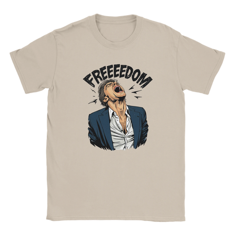 Skrikande man i kostym med texten "FREEEEDOM" på beige t-shirt.