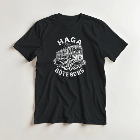 Urban illustration med Haga Göteborg text och heraldiskt lejon – t-shirt