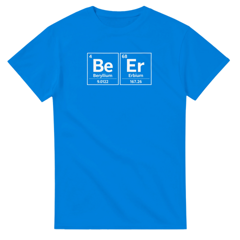 Lekfull t-shirt med nördigt kemitema och vit text på klarblå bakgrund