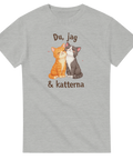 Tecknade katter, orange och grå, med text "Du, jag & katterna" på grå t-shirt.