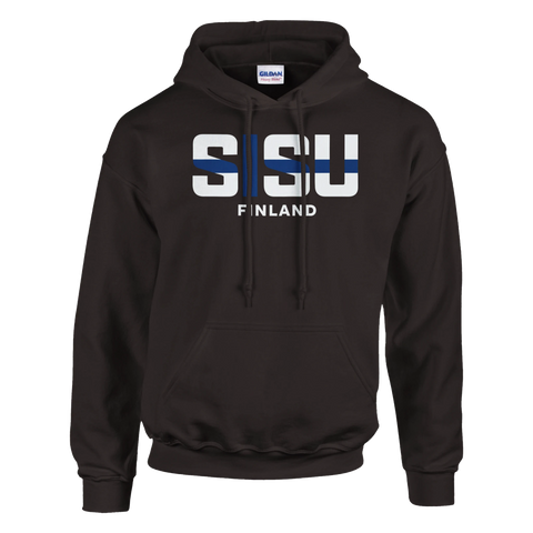 Sisu Finland-tryck med vit text och blått kors på mörkbrun hoodie.