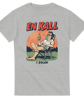 Gråmelerad t-shirt med grafiskt motiv av sommaridyll och texten En kall