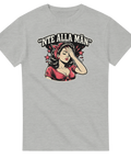 Satirisk grafisk design med feministiskt budskap i vintage stil på grå t-shirt