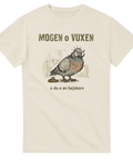 Tecknad sur fågel med roligt citat på en beige t-shirt med humor