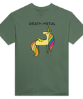 Death Metal enhörning med regnbågsman och text på olivgrön t-shirt.