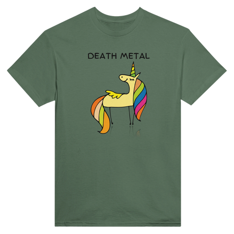 Death Metal enhörning med regnbågsman och text på olivgrön t-shirt.