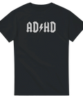 Grå AC/DC-inspirerad "AD⚡HD" logotyp på svart t-shirt.