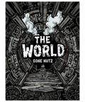 Närbild på en mörk poster med texten The World Gone Nutz omgiven av industriella kugghjul och rör i gråskala.