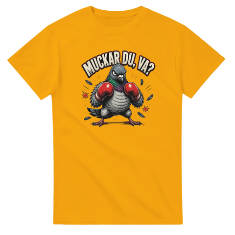 Illustration av arg duva i boxningsring – gul t-shirt med humoristiskt citat