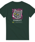 Mörkgrön t-shirt med konstnärligt kattryck och texten Knaskatt