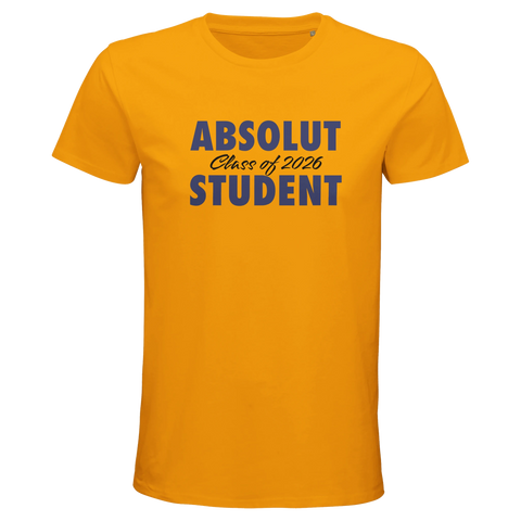 Absolut Student 2026-tryck i mörkblå text på en gul premium herr t-shirt.
