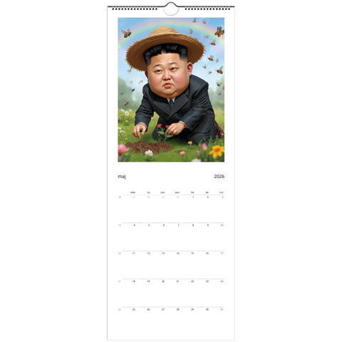 King Jong-Fun karikatyr i stråhatt planterar blomma i en regnbågsäng, Väggkalender 2026.