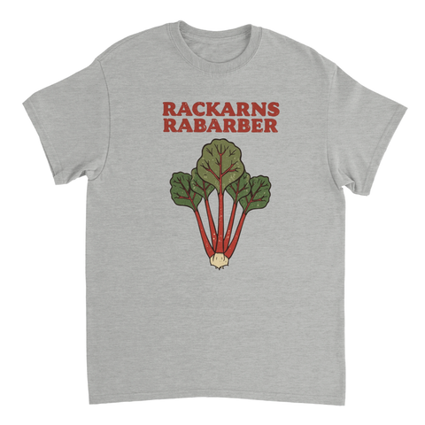 Stilren illustration av rabarberstjälkar med text – grafisk t-shirt med lantlig humor