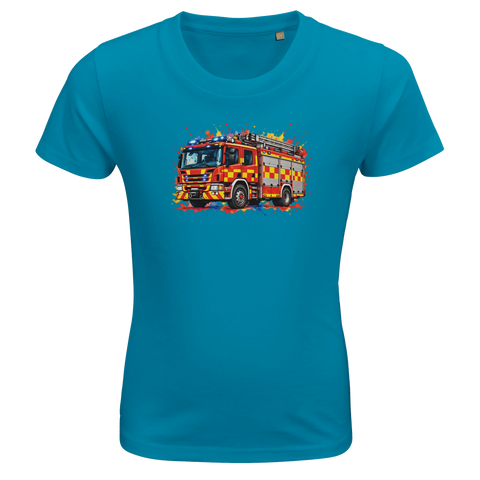 Turkos barn-t-shirt med en brandbil och färgstänk