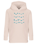 Ljusbeige barnhoodie med lekfullt mönster av olika blå smileys