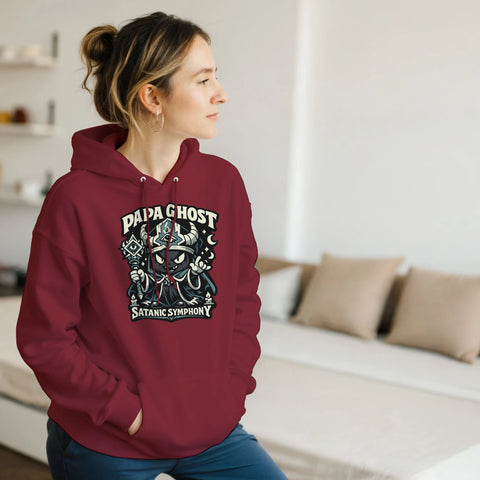 Papa Ghost Satanic Symphony-tryck på vinröd hoodie.
