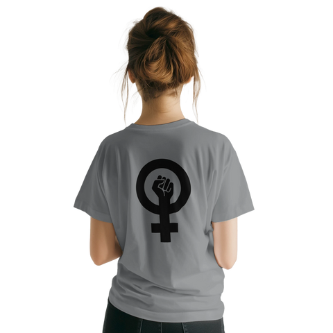 Minimalistiskt feministiskt ryggtryck med kvinnotecken – grå t-shirt