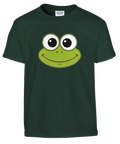 Tecknat Kermit-ansikte med stora ögon och leende på mörkgrön barn-t-shirt.