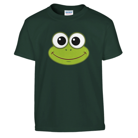 Tecknat Kermit-ansikte med stora ögon och leende på mörkgrön barn-t-shirt.