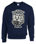 Marinblå sweatshirt med absurd illustration av en levande kamera-kub