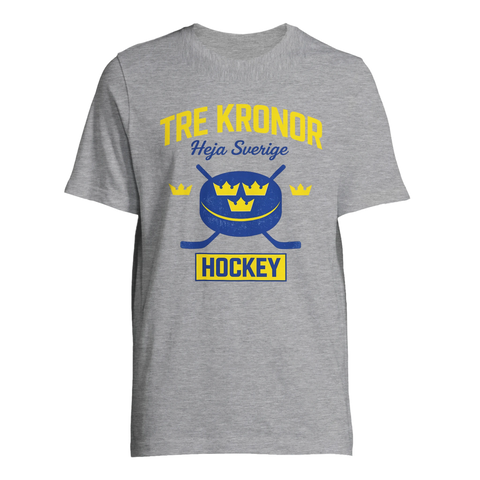 Grafisk Tre Kronor design för hockeyfans på grå t-shirt
