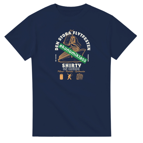 Marinblå t-shirt med grafiskt motiv av karaoke och spelmaskiner till sjöss
