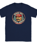 Satirisk "Make Oil Great Again" logga med Trump-karikatyr i röd keps och mustasch på mörkblå t-shirt.