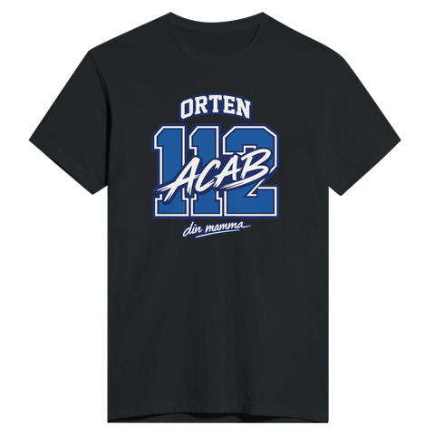 Orten 112 ACAB din mamma tryck i blått och vitt på svart premium t-shirt.