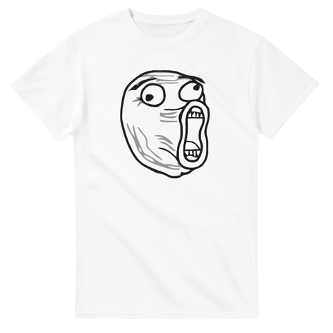 Klassisk Lolguy rage face meme – grafisk illustration på vit t-shirt