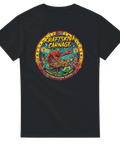Färgstarkt badge-motiv med kräftskiva och kaos-tema – svart t-shirt