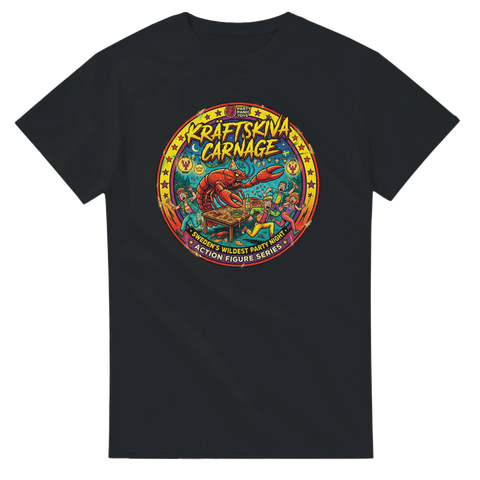 Färgstarkt badge-motiv med kräftskiva och kaos-tema – svart t-shirt