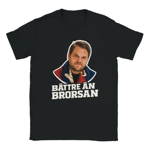 Svart t-shirt med fotbollsmotiv föreställande Andreas Holmberg och texten ”Bättre än brorsan”, ÖIS-inspirerad Göteborgshumor