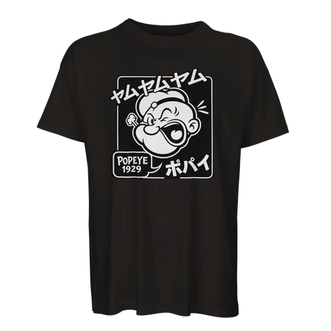 Karl Alfred Popeye 1929 t-shirt med svartvit retrodesign och japansk text