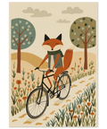 Grafisk illustration av en räv på cykel i ett blommigt landskap – poster