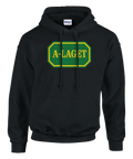 Svart hoodie med texten "A-LAGET" i gul text på grön bakgrund med gul ram, inspirerad av Systembolaget