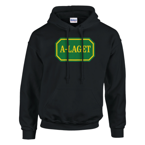 Svart hoodie med texten "A-LAGET" i gul text på grön bakgrund med gul ram, inspirerad av Systembolaget