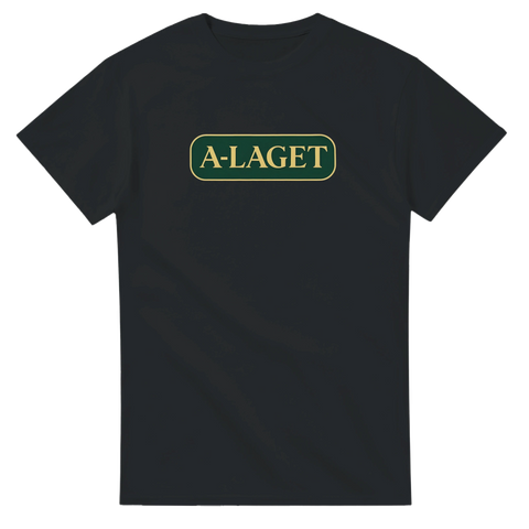 Svart t-shirt med klassiskt grönt och gult “A-LAGET”-tryck.