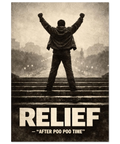 Poster i vintage-stil föreställande en gestalt med höjda armar på toppen av en trappa med texten RELIEF under.