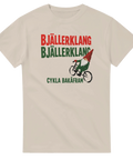 Illustration av tomte som cyklar baklänges på en beige t-shirt