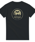 Retro cirkulärt tryck med fladdermus och stadssiluett – grafisk t-shirt