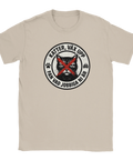 T-shirt med humoristiskt kattmotiv och rött kryss över kattens ansikte
