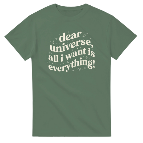 Pinterest-core illustration med stjärndetaljer på en dovt olivgrön t-shirt